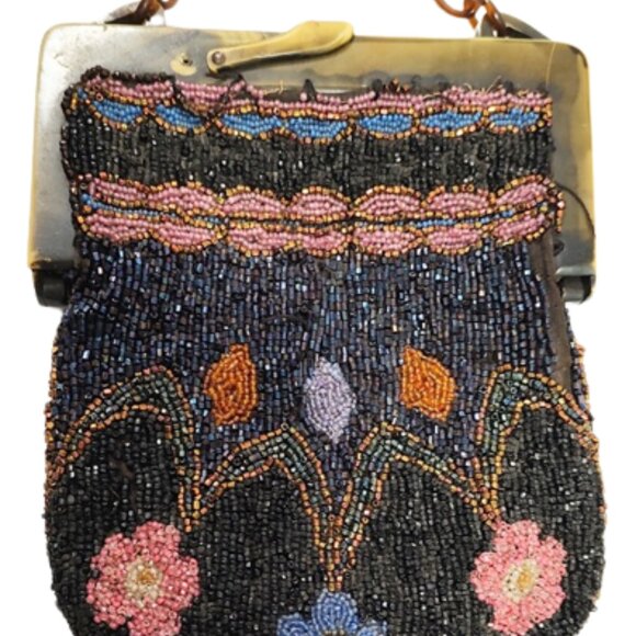 Antique Edwardian 1900s Beaded Handbag With A Carved Celluloid Frame And Handle - Picture 4 of 7